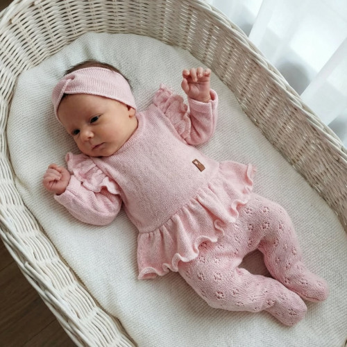 Pletená ažurková sada 4D, tunika, polodupačky, čiapočka + čelenka Kazum, ružová