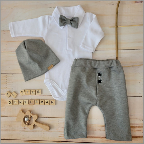 Z&Z 4-dielna sada Elegant Boy, body, nohavice, motýlik a čiapky, sivá/biela, veľ.68