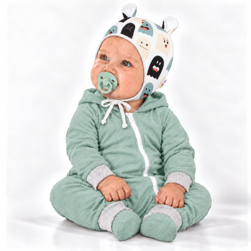 Baby Nellys Dojčenská čiapočka s uškami na zaväzovanie - Príšerky, biela/mätová, veľ. 68/7