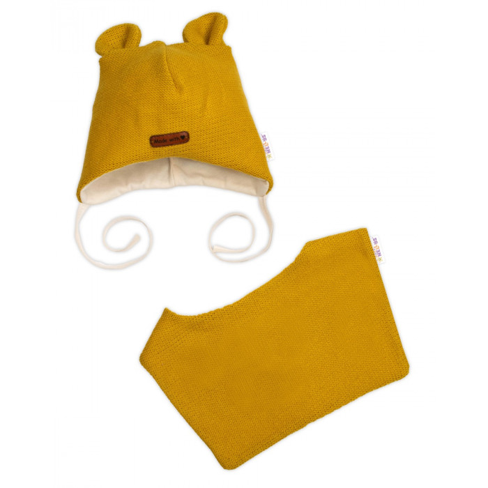 Pletená čiapka s bavlnenou podšívkou a šatkou 2v1, Teddy Hand made - horčicová