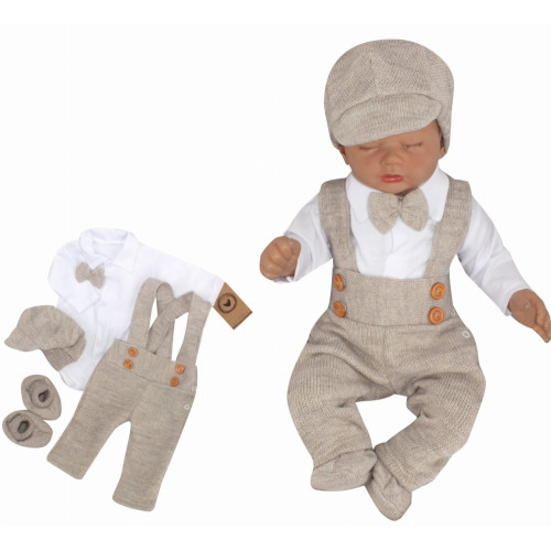 Z&Z 5-dielna pletená sada Boy, body, nohavice, čiapočka motýlik, topánočky, béžová, veľ.86