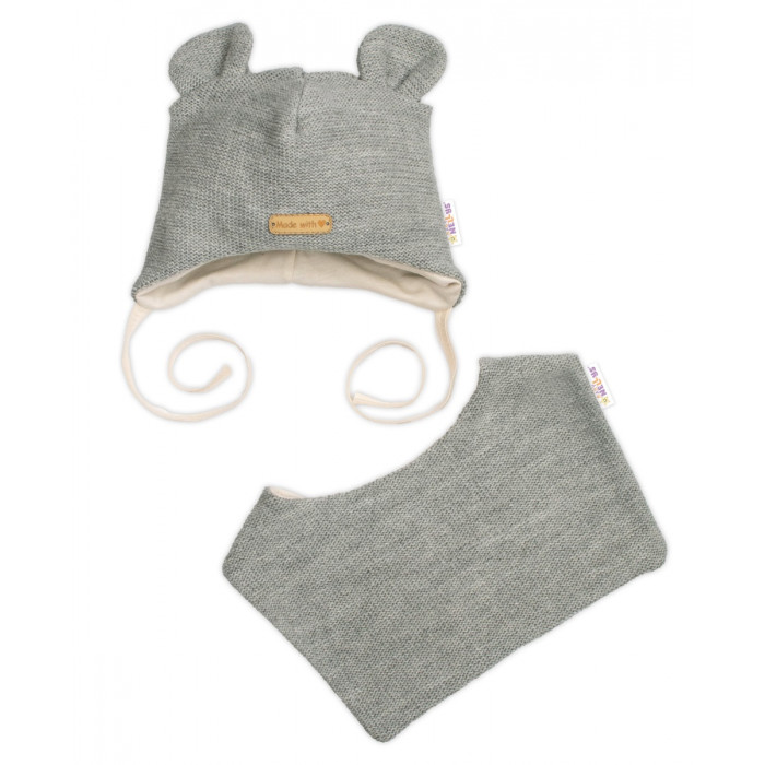 Pletená čiapka s bavlnenou podšívkou a šatkou 2v1, Teddy Hand made - šedá