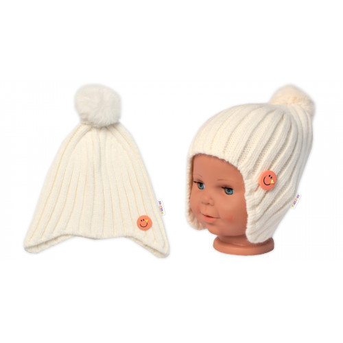 Detská zimná čiapka s brmbolcom Smile, Baby Nellys - smotanová, veľ. 48-54 cm