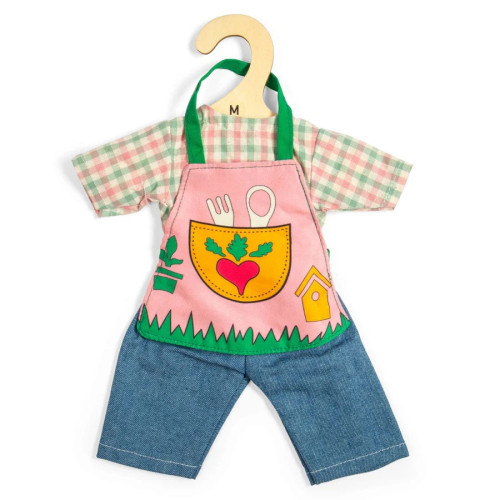 Bigjigs Toys Záhradnícke nohavice s károvanou košeľou pre bábiku 34 cm
