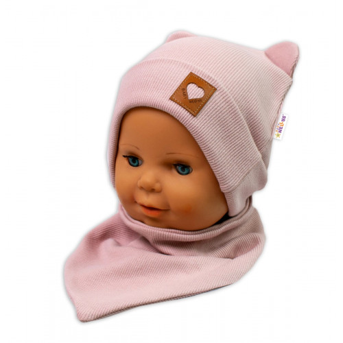 Baby Nellys Rebrovaná dvojvrstvová čiapka s uškami + šatka TEDDY - púdrová, 68/74