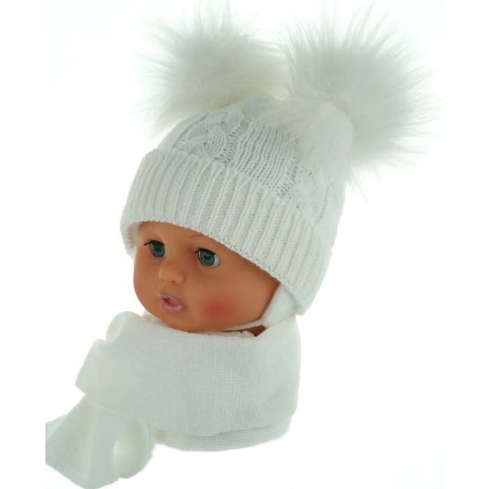 BABY NELLYS Zimná čiapočka s šálom - chlupáčkové bambuľky - biela