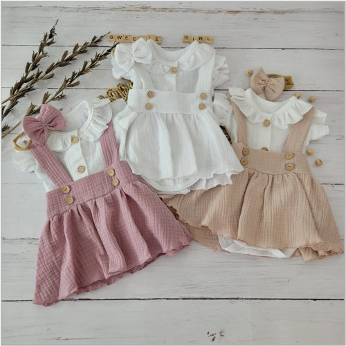 Mušelínová suknička s lacnom, bodýčko a čelenka, 3D sada, biela/béžová