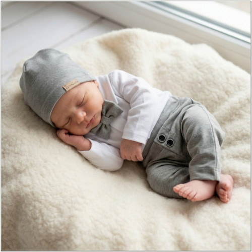 Z&Z 4-dielna sada Elegant Boy, body, nohavice, motýlik a čiapky, sivá/biela, veľ.74