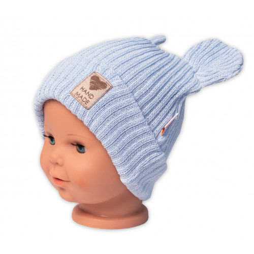 Pletená bavlněná čiapka s uškami, dvojvrstvová, Hand Made Baby Nellys, modrá, veľ. 80/86