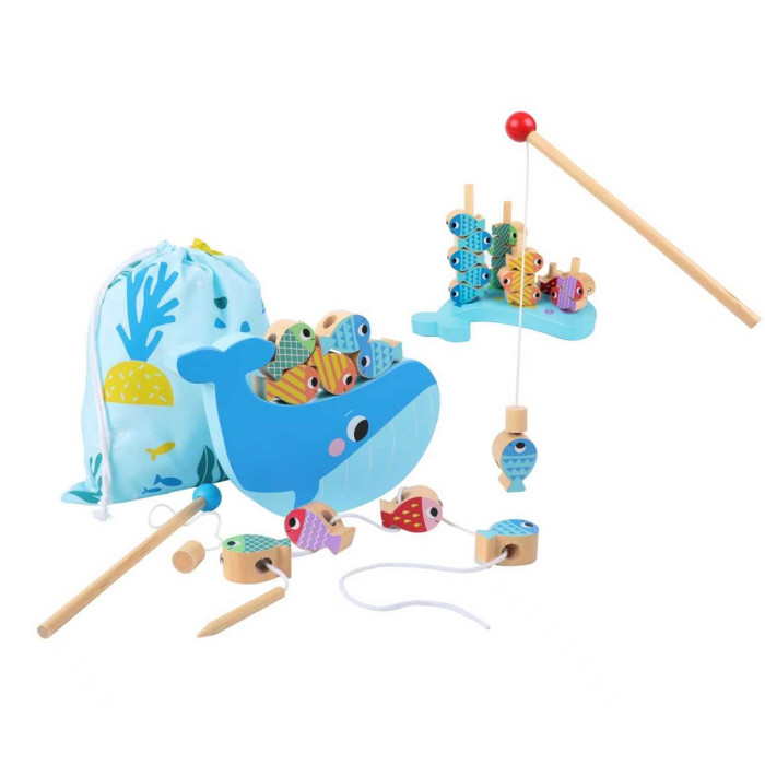2Kids Toys Motorická hra 3v1 Veľryba – rybárčenie, navliekanie, triedenie, cert. drevo, 3+