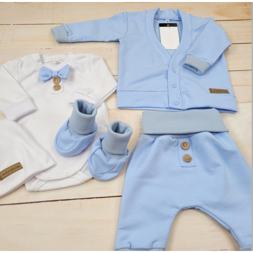 Bavlnená sada, body, nohavice, motýlik a čiapka Elegant Boy 5D, Kazum, modrá/biela, veľ.80