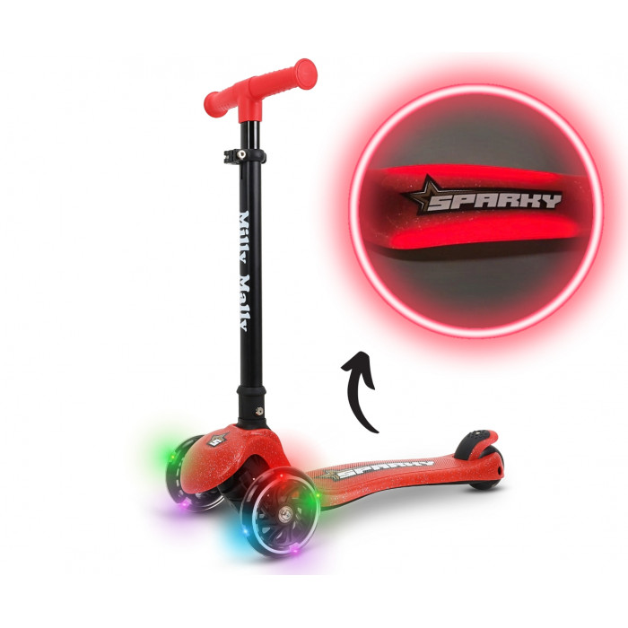 Detská kolobežka SPARKY LED trojkolová – svietiace kolieska, nastaviteľná, červená