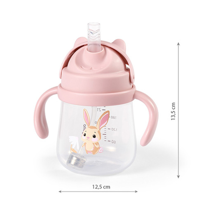 BabyOno Nevylievací hrnček so záťažovou slamkou 240 ml, ružový, Zajačik
