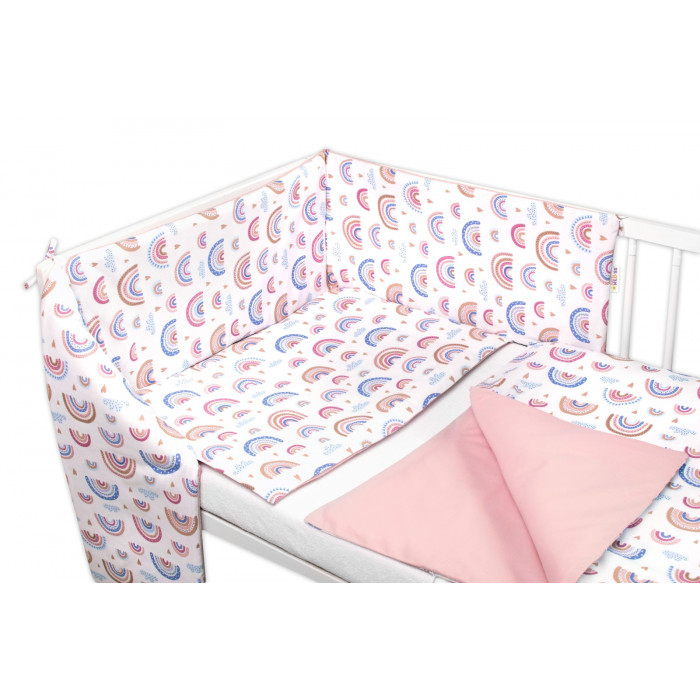 Baby Nellys 3-dielna sada Mantinel s obliečkami - Dúha, pastelová s potlačou/púdrova