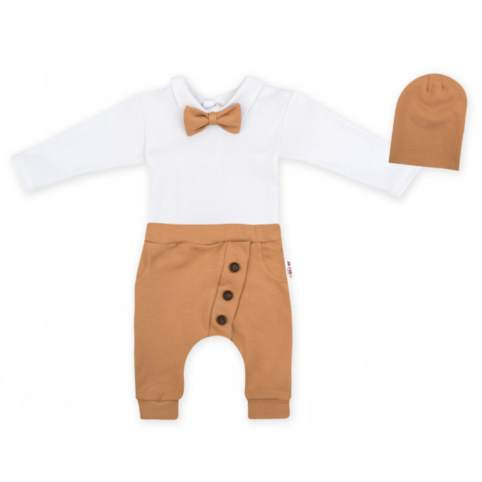 Baby Nellys 3-dielna sada Hubert, body s motýlikom, tepláčiky a čiapočka - hnědá, veľ. 92