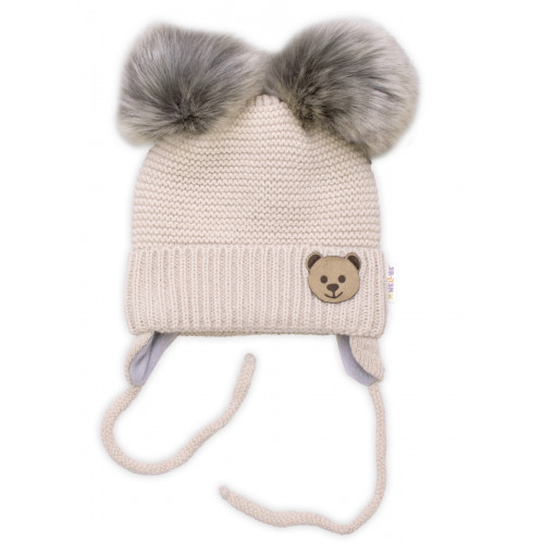 Detská sada, zimná čiapka so šálom + rukavičky 3D, Teddy Bear - béžová