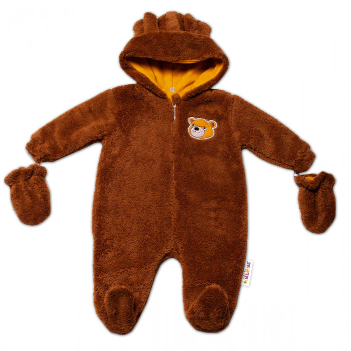 Baby Nellys Chlpáčkový overal Luna s kapucňou + rukavičky, Macko, hnedý