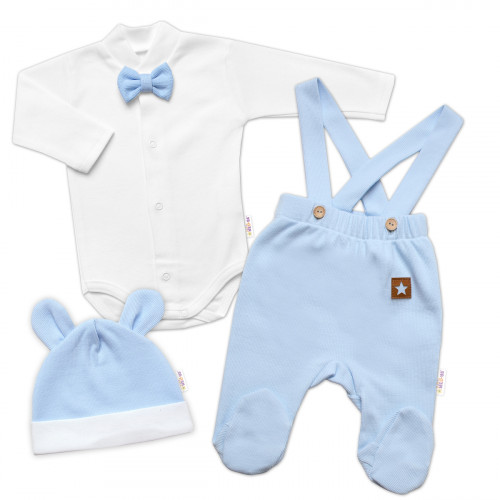 Bavlnená súprava Gentleman 3D, body, polodupačky s lacnom + čiapočka, modrá/biela, veľ. 62