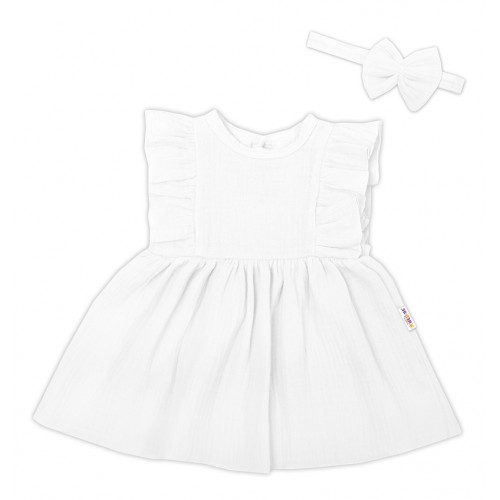 Baby Nellys 2-dielna sada mušelínove šatočky + čelenka, biela, veľ. 86