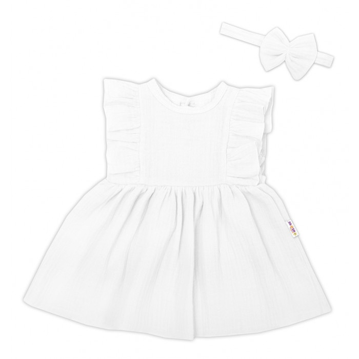 Baby Nellys 2-dielna sada mušelínove šatočky + čelenka, biela, veľ. 86
