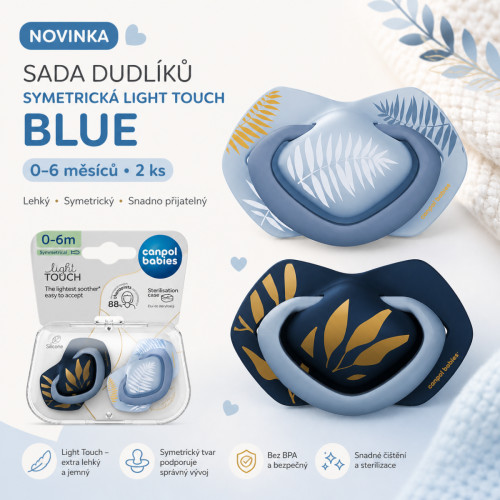 Cumlík Light Touch 0–6 m silikónový symetrický 2 ks GOLD Blue – ortodontický, BPA free