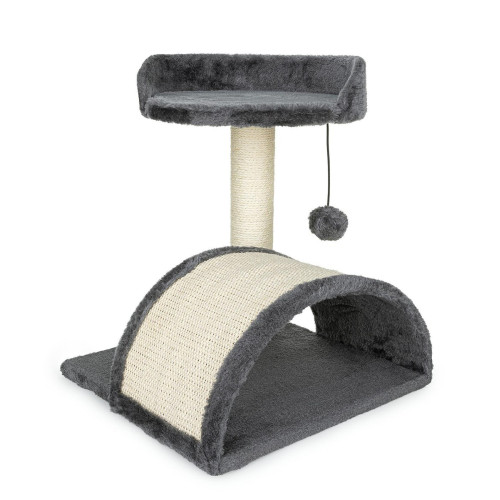 Škrabadlo pre mačky s úkrytom a guličkou na šnúrke 42 cm – MDF, sisal, tmavo sivá