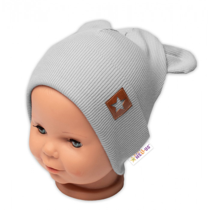 Baby Nellys Rebrovaná dvojvrstvová čiapka s uškami TEDDY - sivá, 68/74