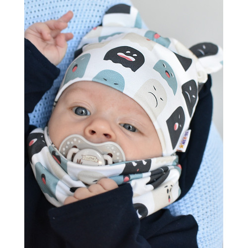 Baby Nellys Dvojvrstvová čiapka s uškami + komínček Príšerky, biela/mátová, veľ. 80/92
