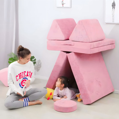Veľká detská modulárna skladacia pohovka DIY, 8 mäkkých vankúšov - ružová