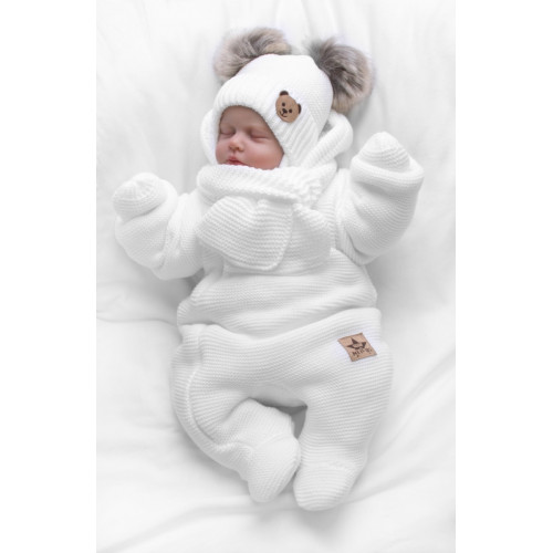 Detská sada, zimná čiapka so šálom + rukavičky 3D, Teddy Bear - biela