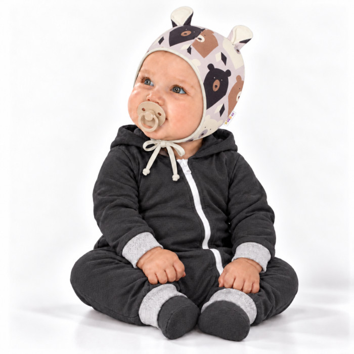 Baby Nellys Dojčenská čiapočka s uškami na zaväzovanie - Medvede, hnedá