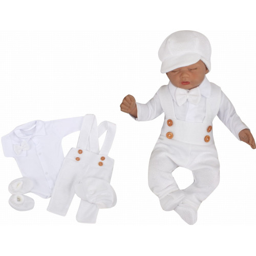 Z&Z 5-dielna pletená sada Boy, body, nohavice, čiapočka motýlik, topánočky, biela, veľ. 80
