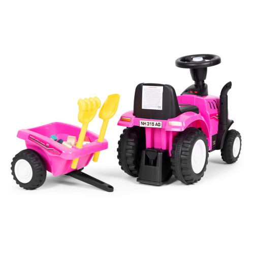 Detské odrážadlo traktor s prívesom, interaktívny volant so zvukmi, ružové