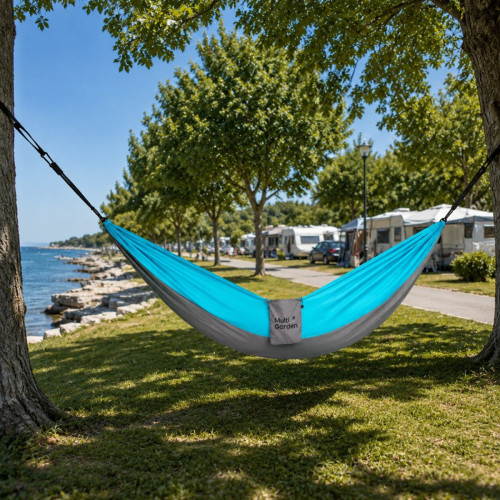 Záhradná hojdacia sieť MultiGarden 290×140 cm – nosnosť 300 kg, modrá, sivá
