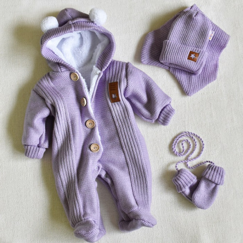 Baby Nellys Pletená kombinéza/overal LUX STAR s kožúškom - dvojvrstvová, fialová, veľ. 74