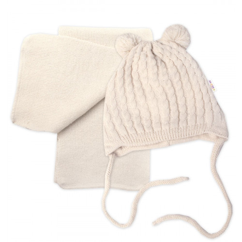 Zimná čiapka na zaväzovanie s brmbolcami + šál, Baby Nellys - béžová, vel. 74/80