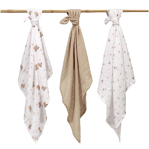 Mušelínové plienky BabyOno, Super Soft béžové, 100% bavlna, 3 ks x 70x70 cm, Medvedík I