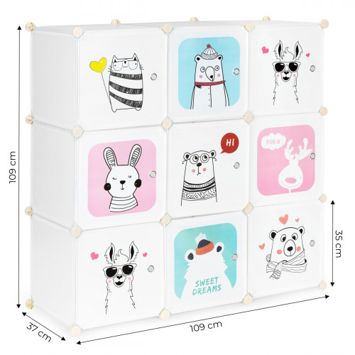 Detský modulárny policový regál do detskej izby, 9 políc, zvieratká
