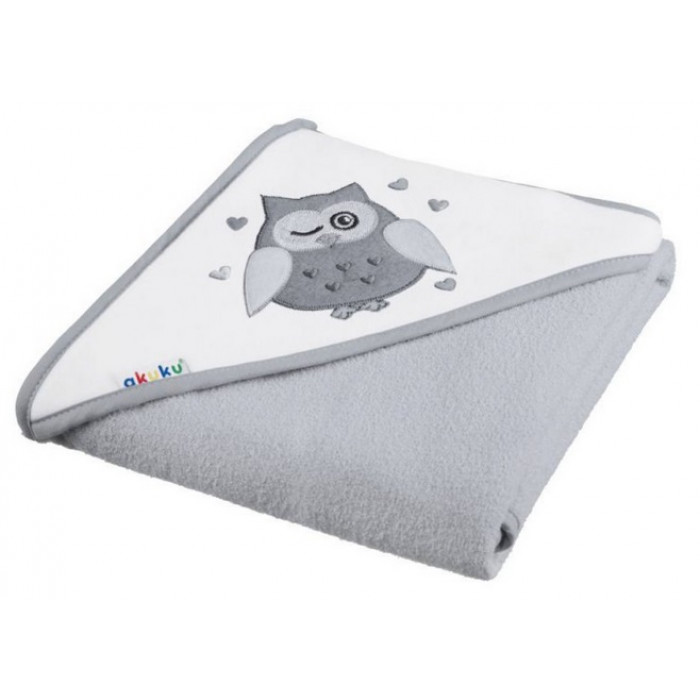 Akuku Detská osuška s kapucňou 80 x 80cm, froté - Sova, sivá