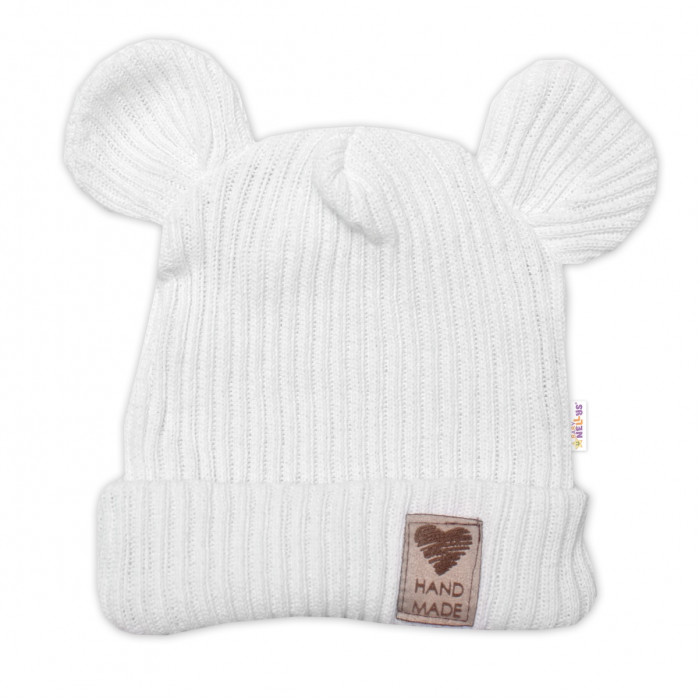 Pletená bavlněná čiapka s uškami, dvojvrstvová, Hand Made Baby Nellys, biela, veľ. 68/74