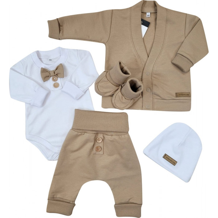 Bavlnená sada, body, nohavice, motýlik a čiapka Elegant Boy 5D, Kazum, mocca/biela