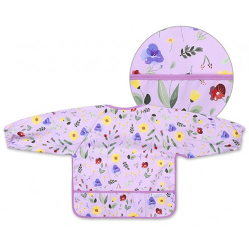 Zásterka, podbradník nepremakavý s dlhým rukávom a vreckom BabyOno - Garden, lila