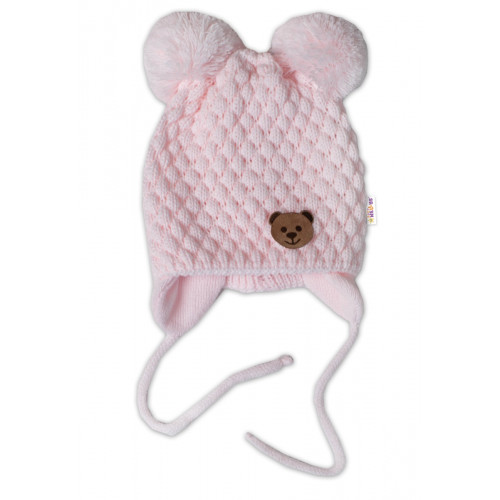 Zimná pletená čiapka Teddy Bear na zaväzovanie, ružová, 68/80, (6-12m)