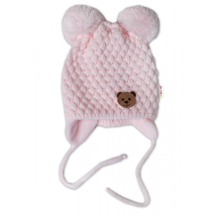 Zimná pletená čiapka Teddy Bear na zaväzovanie, ružová, 68/80, (6-12m)