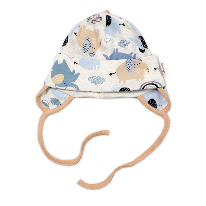 Baby Nellys Bavlnená čiapočka na zaväzovanie, Sloníci, bežová/modrá, veľ. 62/68