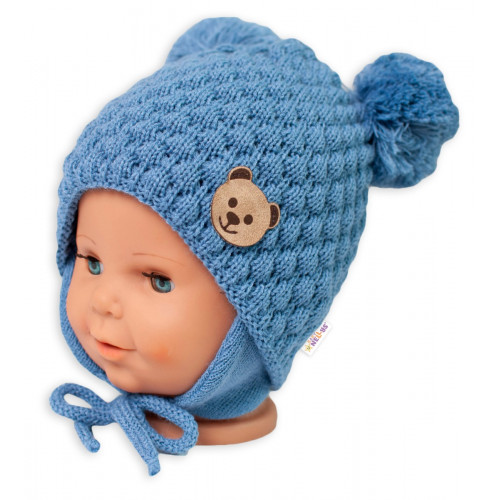 Zimná pletená čiapka Teddy Bear na zaväzovanie, modrá, 68/80, (6-12m)