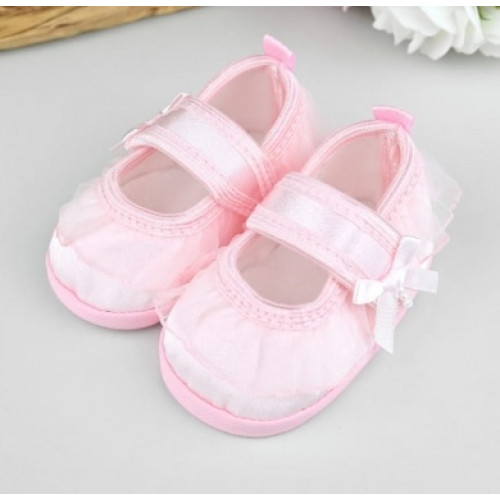 Dojčenské capáčky/topánočky s čipkou a mašľou, Baby Nellys, ružové, veľ. 62/68, 11,5 cm