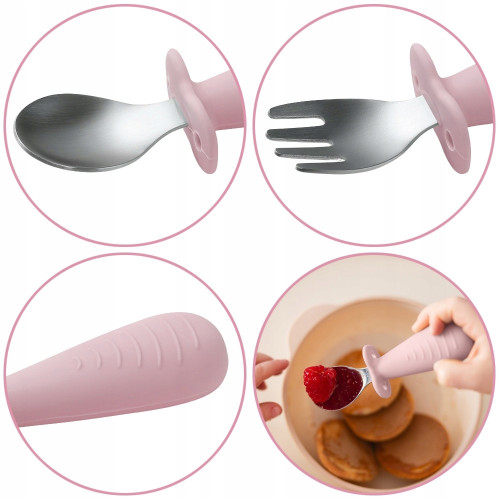 Detský jedálenský set BabyOno, silikónový tanier s prísavkou + príbory nerez,silikón, pink