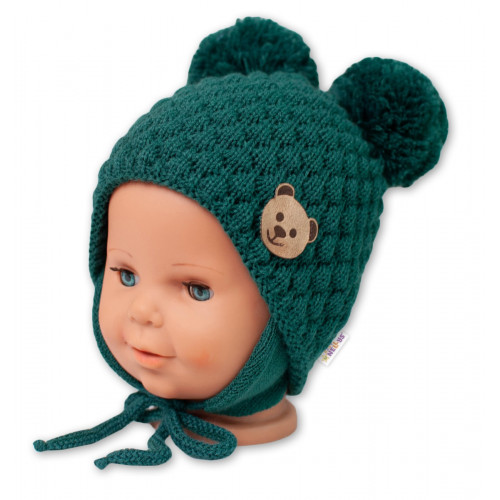 Zimná pletená čiapka Teddy Bear na zaväzovanie, zelená, 68/80, (6-12m)