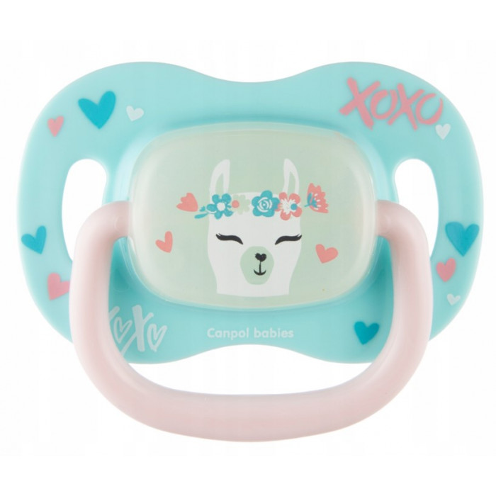 Symetrický silikónový cumlík Canpol Babies, svietiaci, 6-18 m, Exotic - Lama, mätový